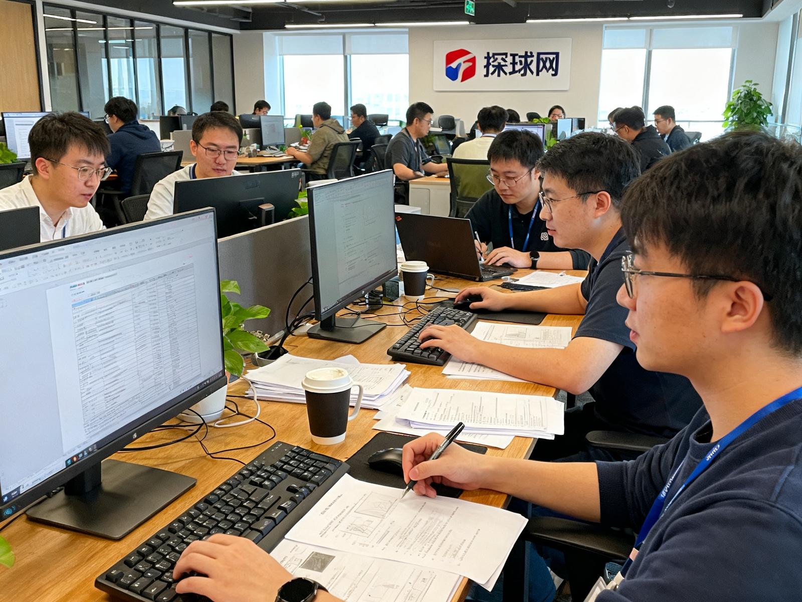 探球网北京总部开放式办公区内数十名技术研发和数据分析人员正在协作处理赛事数据的真实工作场景